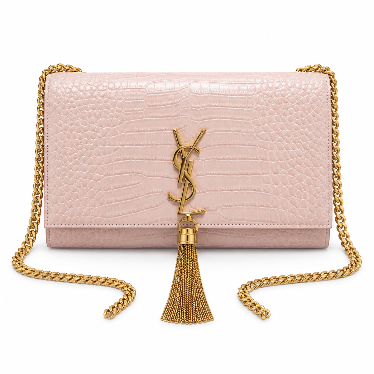 Saint Laurent YSL Kate Tassel chain crossbody bag in blush pink croc-embossed calfskin leather with antique gold YSL monogram gold curb chain and gold silk tassel