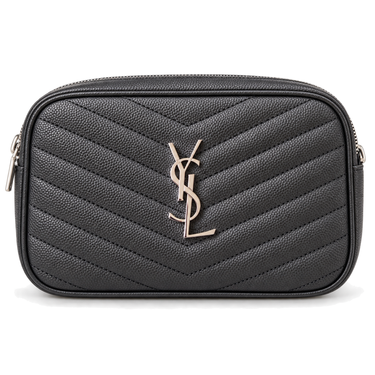 Saint Laurent YSL Lou Mini Camera Bag in Black Grained Leather with Silver YSL Monogram Chevron Quilting and Adjustable Strap