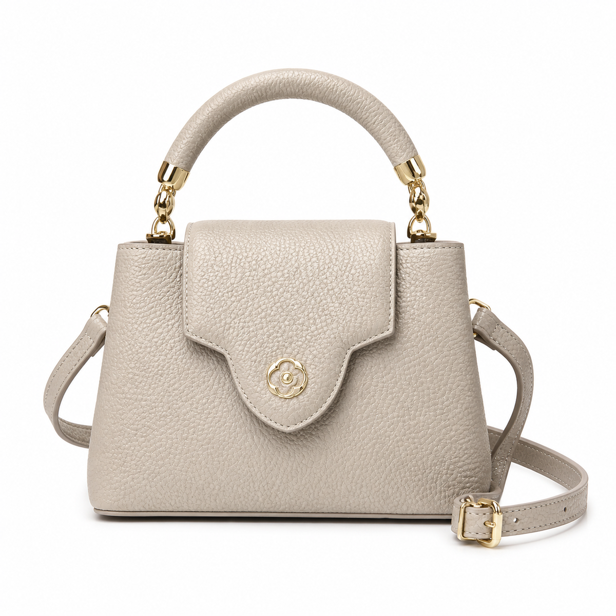 Louis Vuitton Capucines BB Stone Grey Taurillon Leather with Flap Closure Gold Flower Clasp and Crossbody Strap