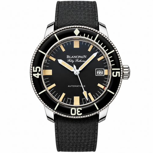 Blancpain Fifty Fathoms Barakuda matte black dial aged gold luminous indices black unidirectional bezel rubber strap automatic vintage dive watch