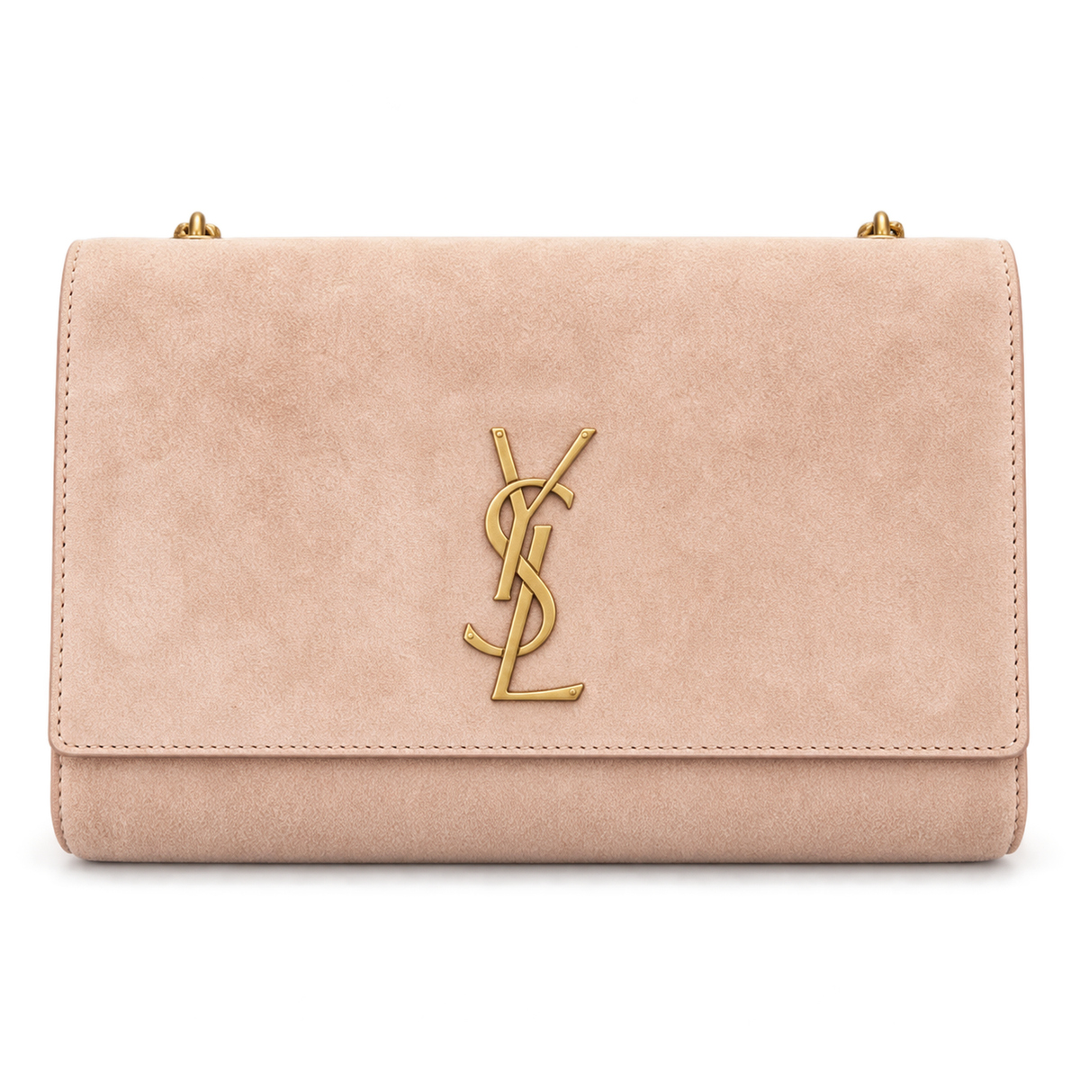 Saint Laurent YSL Kate Chain Bag in Nude Blush Pink Suede with Antique Gold YSL Monogram and Gold Chain Strap