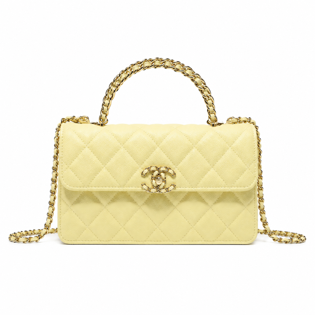 Chanel Lemon Yellow Smooth Lambskin Quilted Mini Top Handle Flap Bag | Gold CC Turn-Lock, Tonal Chain & Quilted Interior Pocket