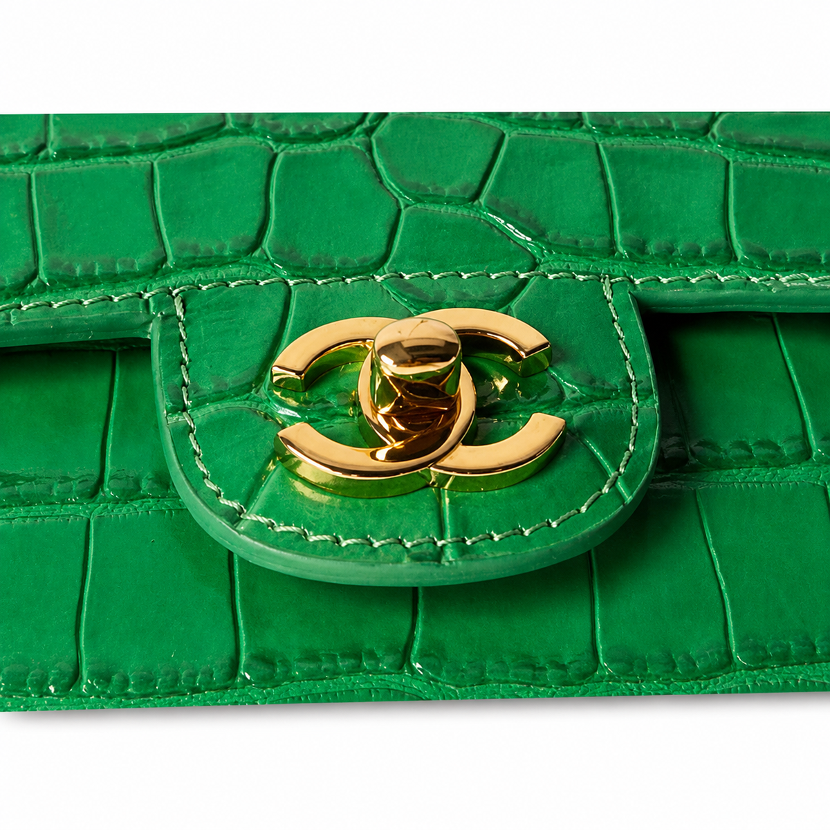 Chanel Emerald Green Croc Mini Flap Top Handle Bag | Antique Gold CC — 19.6cm