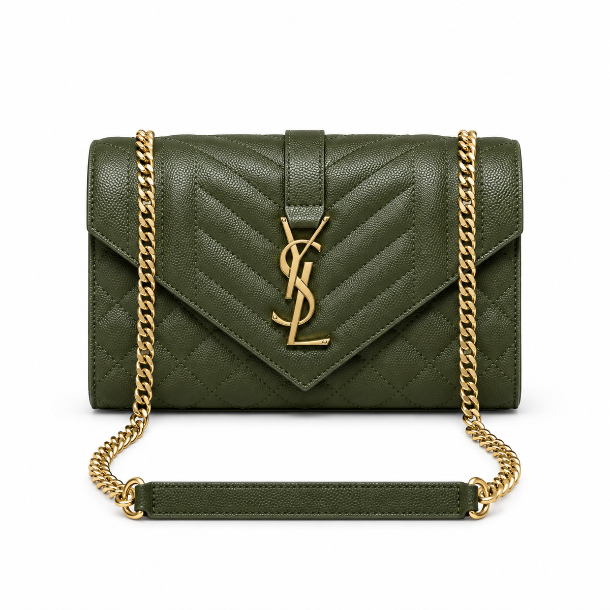 Saint Laurent YSL Envelope Bag in Olive Army Kaki Green Mix-Matelasse Quilted Grained Leather with Shiny Gold YSL Monogram Mixed Chevron Quilting and Gold Curb Chain Strap