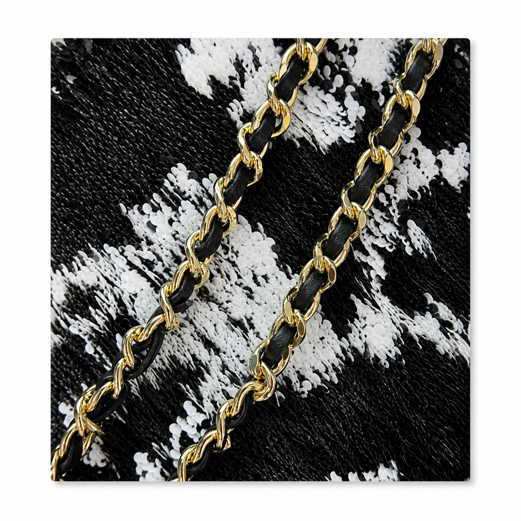 Chanel Black & Silver Sequin Mini Flap Bag | Camellia & Teal Gemstone CC — 21cm