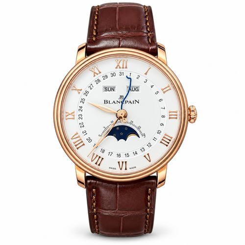 Blancpain Villeret Moonphase Full Calendar Rose Gold Blue Hands Brown Alligator Watch