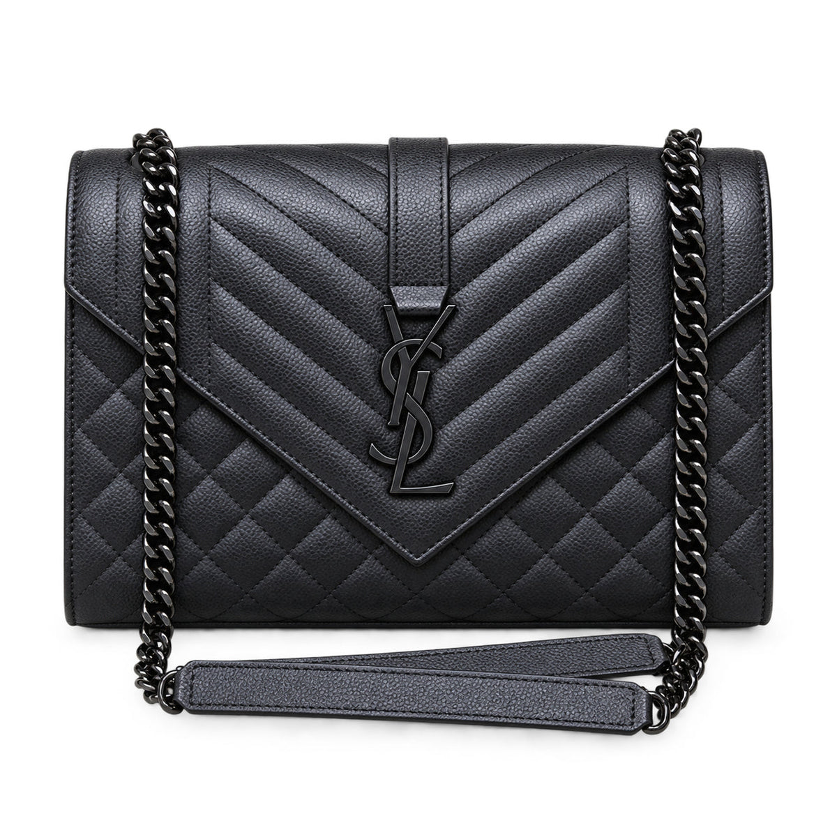 Saint Laurent YSL Envelope Medium Bag All Black Noir Mix-Matelasse Quilted Grained Leather with Matte Black Tone-on-Tone YSL Monogram Chevron Quilting Matte Black Curb Chain and Black Leather Shoulder Strap