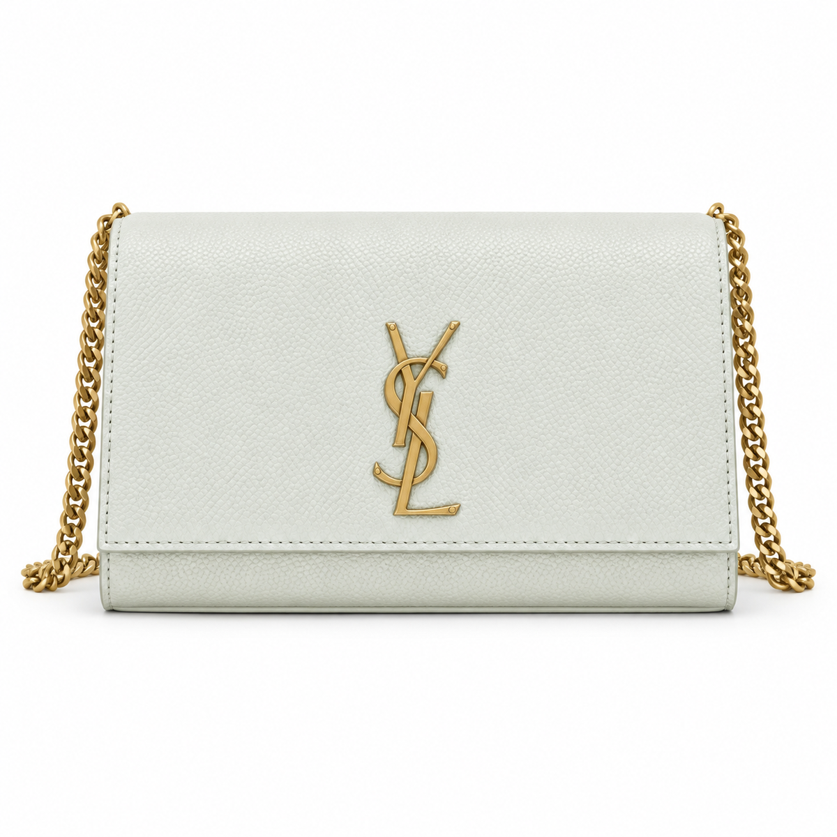 Saint Laurent YSL Kate Chain Bag in White Textured Leather with Gold YSL Monogram and Double Gold Chain Strap