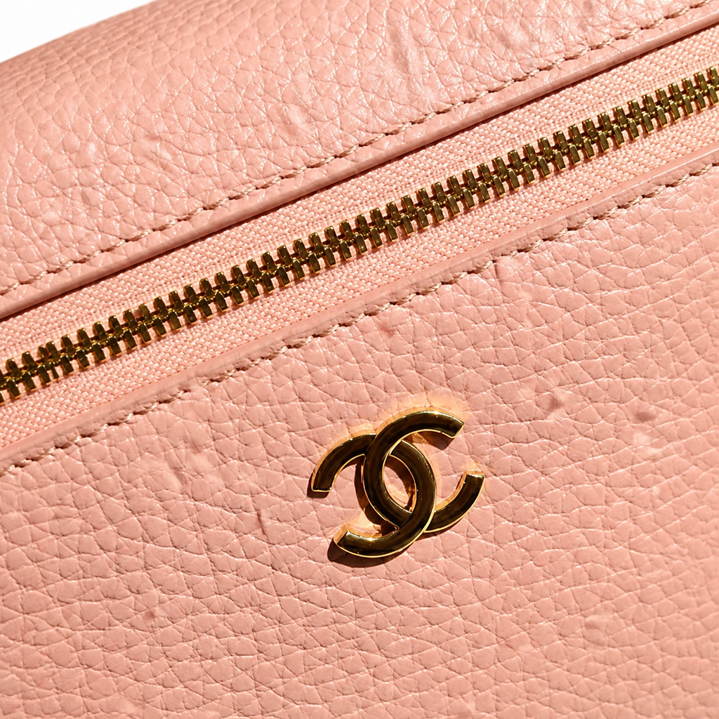 Chanel Blush Pink Caviar Mini Vanity Case | Raised Gold CC & Lobster Clasp Chain — 19cm