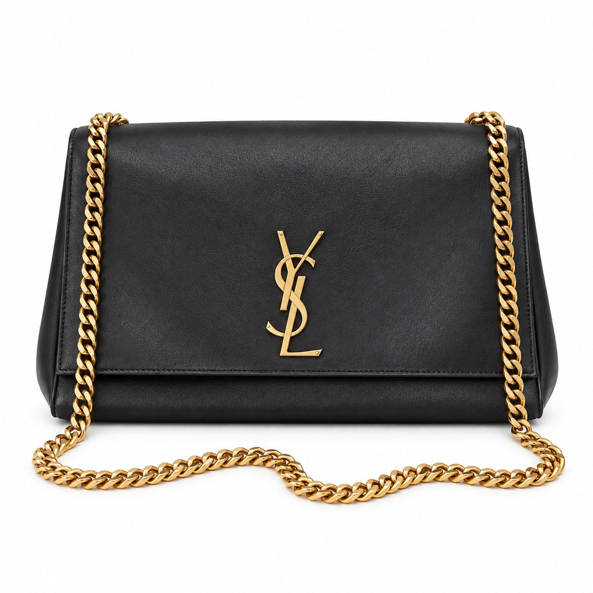 Saint Laurent YSL Kate Large Chain Bag in Black Smooth Leather with Gold YSL Monogram and Double Gold Chain Straps