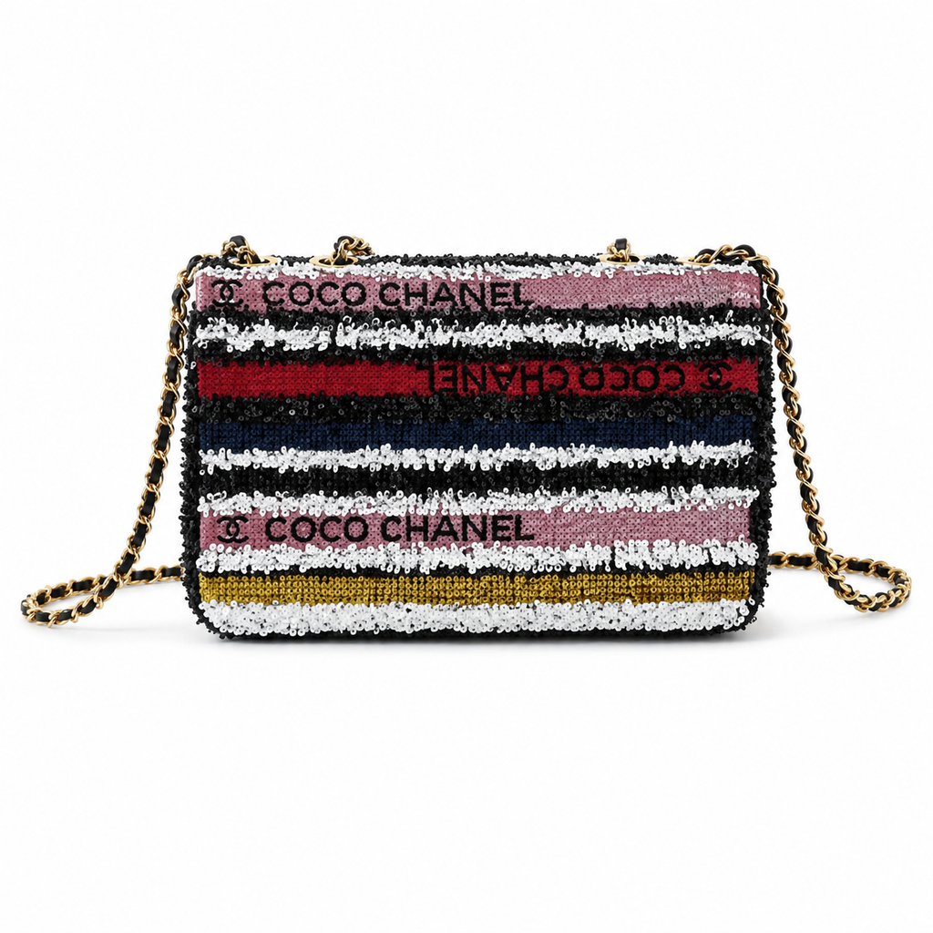 Chanel Multi-Color Sequin Stripe Flap Bag | COCO CHANEL Letter Sequins & Gold CC