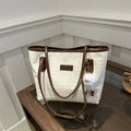 Cream Canvas Tote – Brown Leather Trim Pom Pom