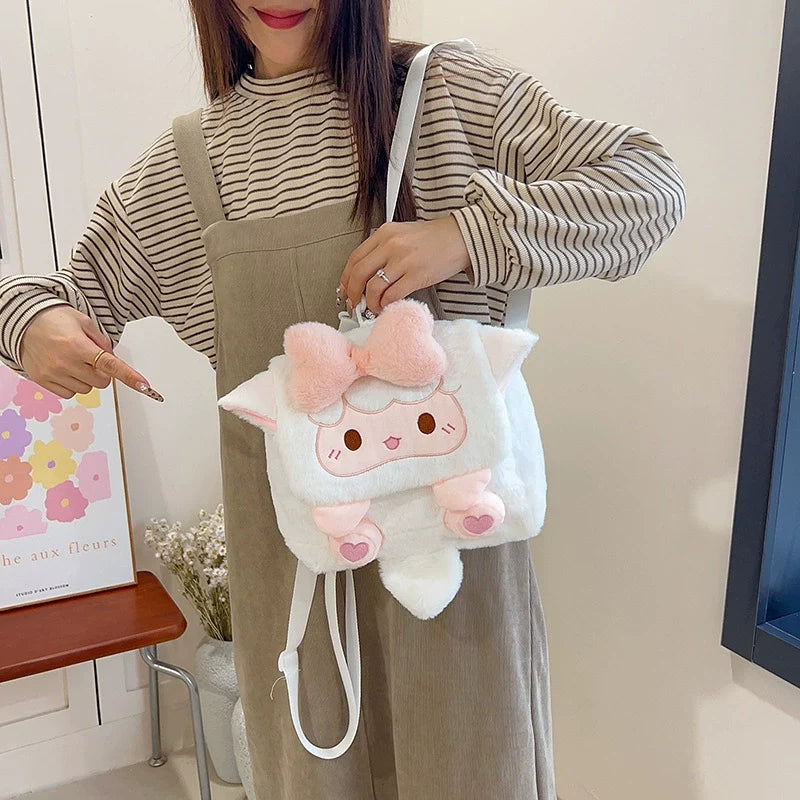 Kawaii Plush Lamb Crossbody Bag – Pink Bow Chain