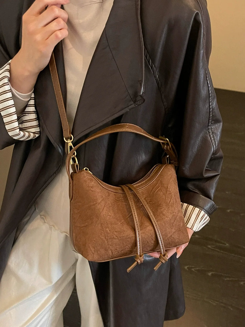 Vintage Brown Crinkle Leather Hobo Bag with Zip Top Drawstring Tassel and Adjustable Gold Crossbody Strap