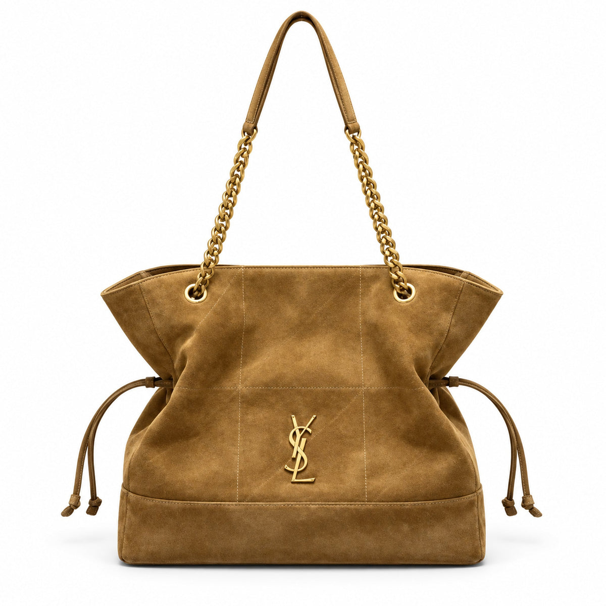 YSL Saint Laurent Jamie Tote Bag in camel tan suede with quilted stitching, gold chain strap and YSL Cassandre monogram